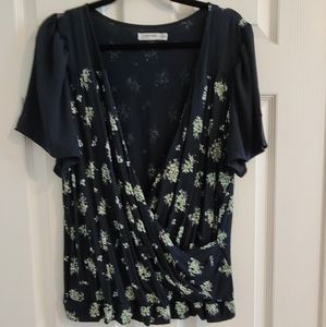 Navy blue floral short sleeved blouse